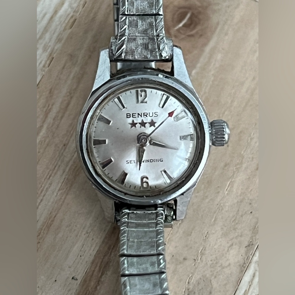 Benrus 3 Stars Ladies Watch Rare Vintage Self-Winding Silver Dial Stretch Band
